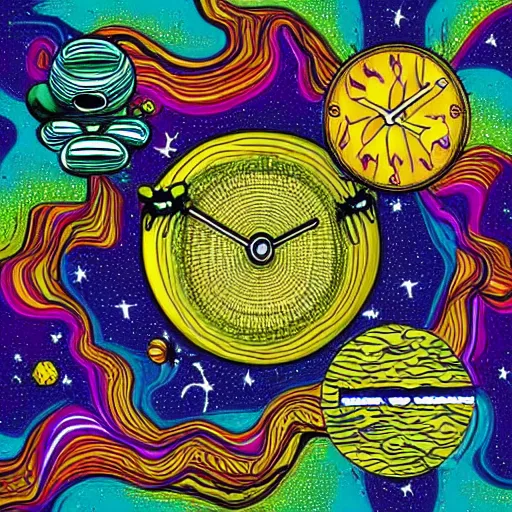 Image similar to psychedelic trippy couch in space, planets, milky way, sofa, corn, bees, trees, clock cartoon