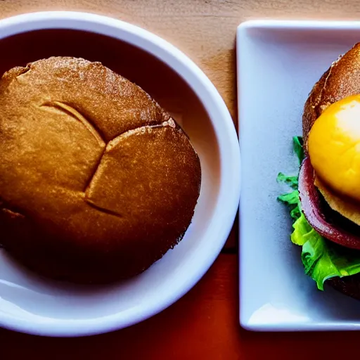 Image similar to potato burger, award winning photo, food photography, golden hour, holy