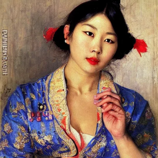 Prompt: portrait of asian beautiful woman talking smartphone masterpiece painting by vasnetsov and surikov, JEAN-VICTOR BERTIN, by Terence Cuneo, detailed, artfully traced, 4k resolution, cinematic, dramatic