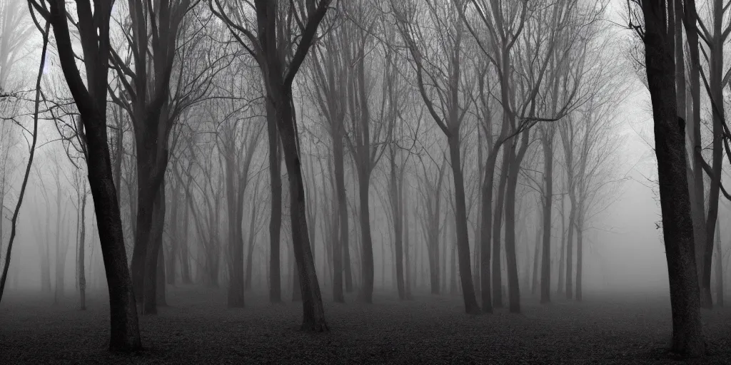 Image similar to dark creepy trees arching grayscale fog