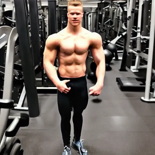 Image similar to “ a realistic detailed photo of a guy who is an attractive humanoid who is half robot and half humanoid, who is a male android, football player christian mccaffrey, shiny skin, posing like a statue, blank stare, at the gym, on display ”