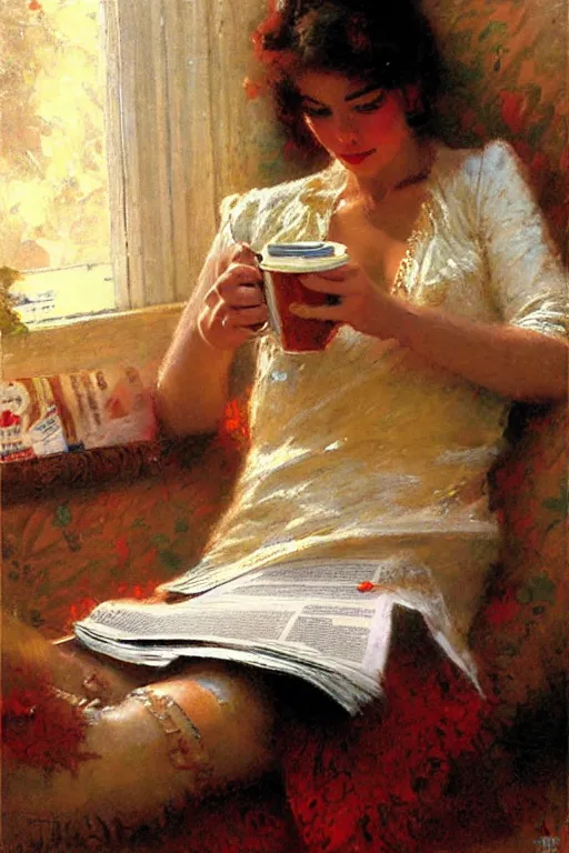 Image similar to attractive woman drinking coffee and reading newspaper, painting by gaston bussiere, craig mullins