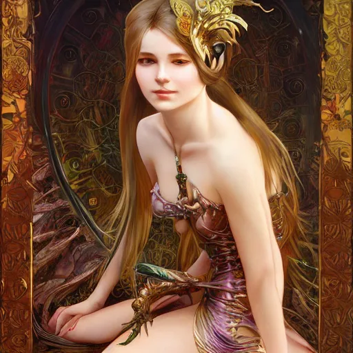 Image similar to a oil painting of a catgirl, cute, fantasy, intricate, elegant, highly detailed, centered, digital painting, artstation, concept art, smooth, sharp focus, illustration, art by artgerm and H R Giger and alphonse mucha