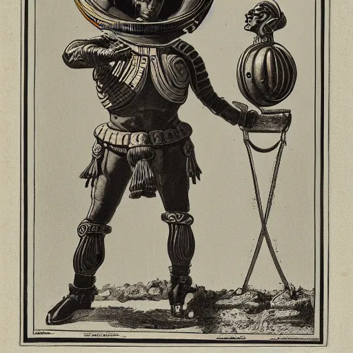 Prompt: photography of space traveller with ancient helmet and suit full of ornaments by bertel thorvaldsen