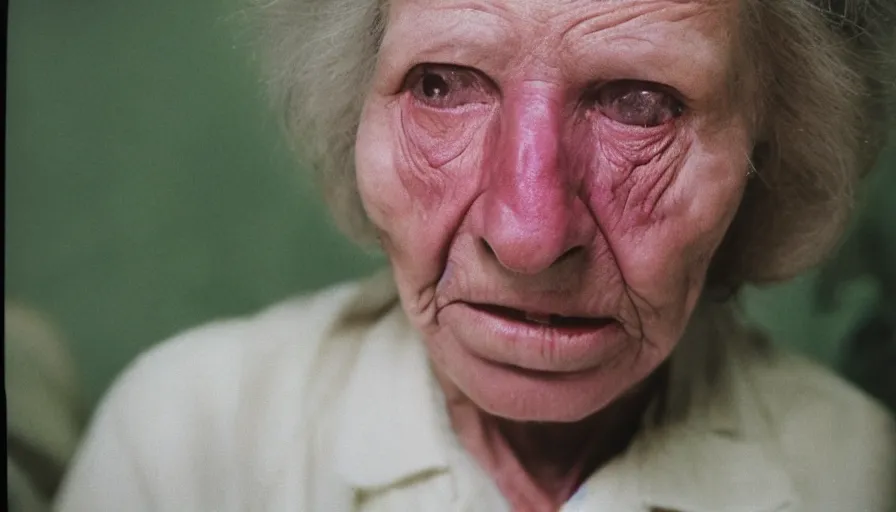 Image similar to a 7 0 s film still from a horror movie of an elderly woman suffering from radiation induced erythema, kodachrome, cinecolor, cinestill, film grain, film texture, retro, cinematic, high resolution, photorealism,