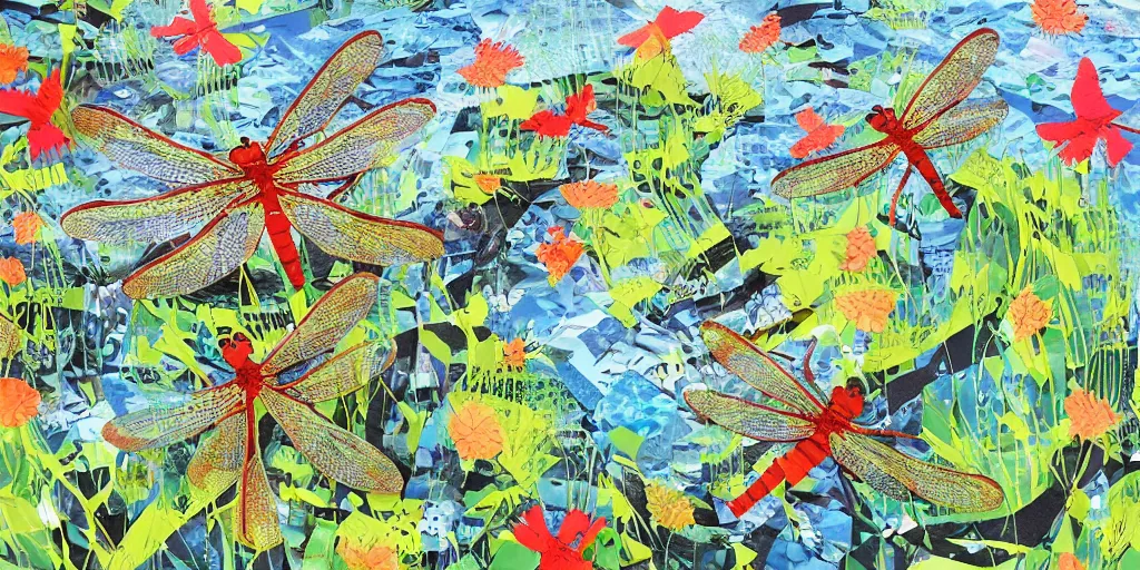 Image similar to dragonfly swarm dancing in the calm summer air above a peaceful stream. hand - painted collage cut paper. by eric carle