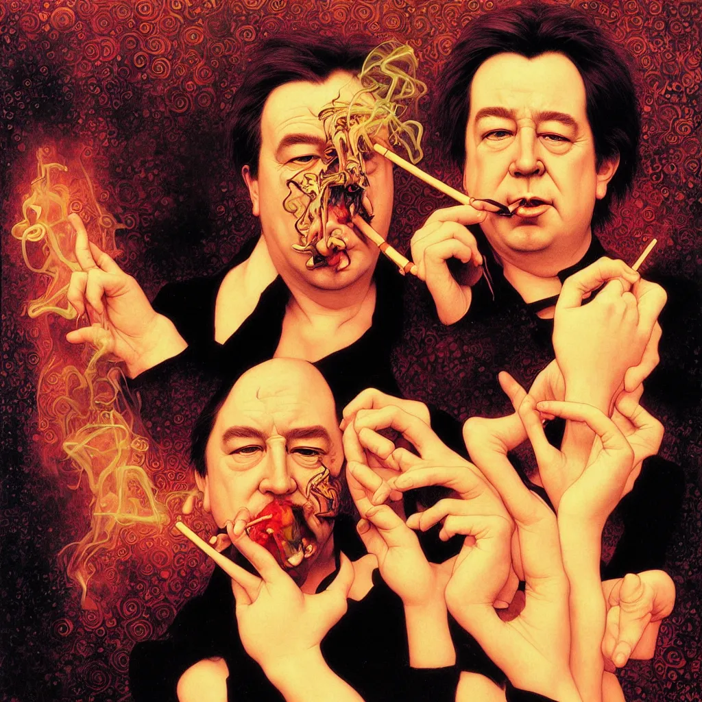 Prompt: weird and disturbing portrait of bill hicks smoking, vivid colors, neon, art by ( ( ( kuvshinov ilya ) ) ) and wayne barlowe and gustav klimt and artgerm and wlop and william - adolphe bouguereau