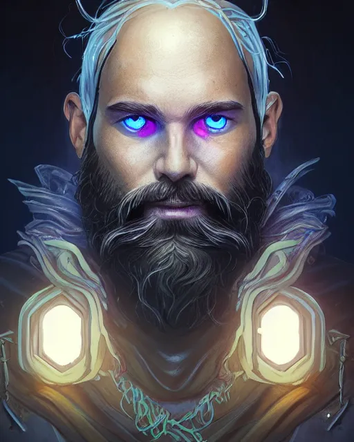 Prompt: epic fantasy comic book style portrait of a male bioluminescent man with a beard with glowing eyes, dark retrowave, highly detailed, digital painting, cinematic, hyperrealism, rpg portrait, dynamic lighting, art by stanley lau and artgerm and magali villeneuve and alphonse mucha, artstation, octane render, cgsociety