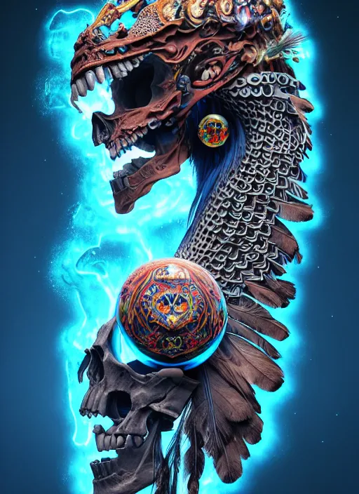 Image similar to 3 d shaman with tattoos profile portrait, sigma 5 0 0 mm f / 5. beautiful intricate highly detailed quetzalcoatl skull and feathers. bioluminescent, plasma, lava, ice, water, wind, creature, thunderstorm! artwork by tooth wu and wlop and beeple and greg rutkowski, 8 k trending on artstation,