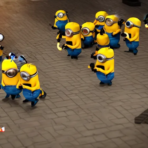 Prompt: a bar fight full of minions attacking each other with banana, crisp details, 8k unreal engine 5 render