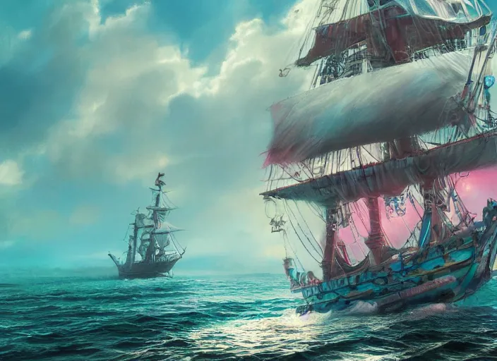 Image similar to detailed concept art illustration colorful pastel painting of a pirate ship on the ocean in full intricate sails and water, ultra detailed, digital art, octane render, 4K, dystopian, micro details