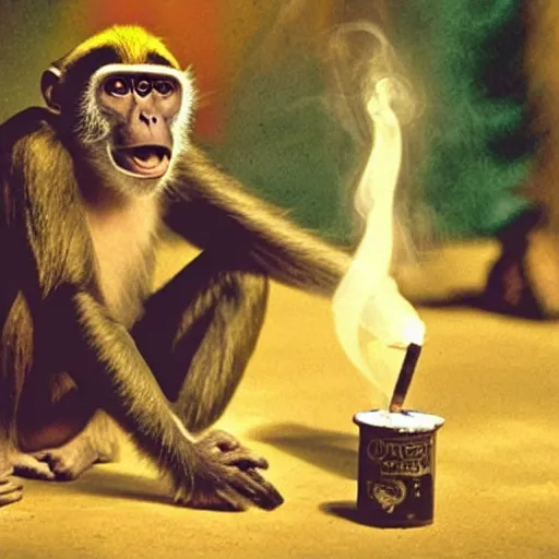 Prompt: a monkey priest smokes pot