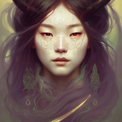 Prompt: Portrait of a female wizard, korean face features, fantasy, intricate, elegant, highly detailed, digital painting, artstation, concept art, smooth, sharp focus, illustration, art by Sam Youn and Fernanda Suarez and Artem Demura and alphonse mucha