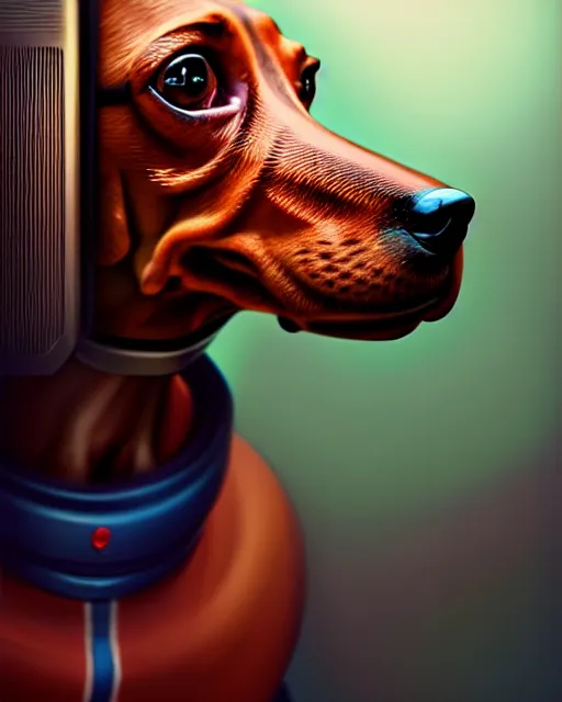 Image similar to hyper - realistic portrait of a dachshund robot, face angle, gta v cover art, celshading, sharp focus, intricate, detailed, rhads, andreas rocha, makoto shinkai, lois van baarle, ilya kuvshinov, greg rutkowski, dynamic lighting, grunge aesthetic, 4 k