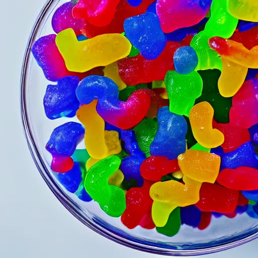 Image similar to macro image of a bowl full of gummy bears, realistic, glistening, slightly sprayed with water.