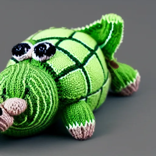 Prompt: a closeup photorealistic smiling knitted tortoise.