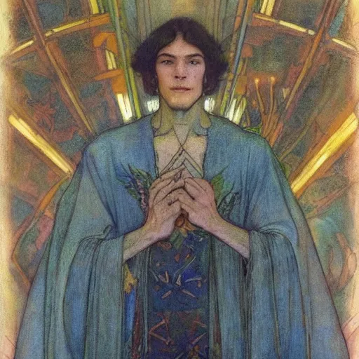 Prompt: the flower prince, by jessie willcox smith and donato giancola and nicholas roerich, symbolist, tattoos, dramatic lighting, elaborate geometric ornament, art brut, god rays, soft cool colors, smooth, sharp focus, extremely detailed