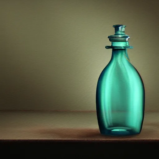 Prompt: a painting of a steampunk mechanical vintage aquamarine colored potion bottle, on the edge of a counter by h. r. giger, hyperrealistic fantasy art, concept matte, ethereal, dreamy, digital art, trending on artstation, volumetric cinematic lighting