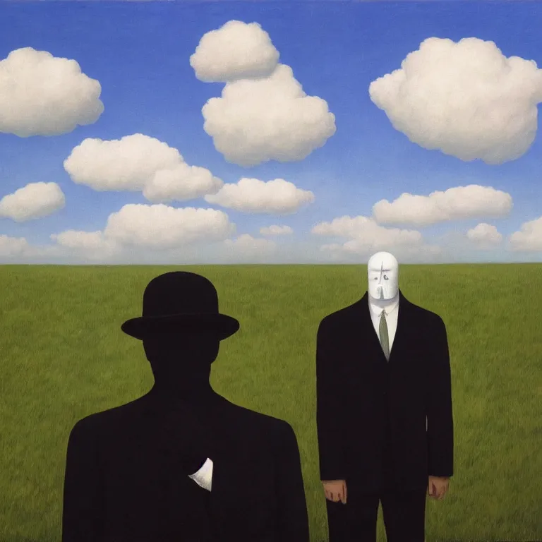 Image similar to portrait of a faceless shadow - head man in a suit, clouds in the background, by rene magritte, detailed painting, distance, centered, hd, hq, high resolution, high detail, 4 k, 8 k