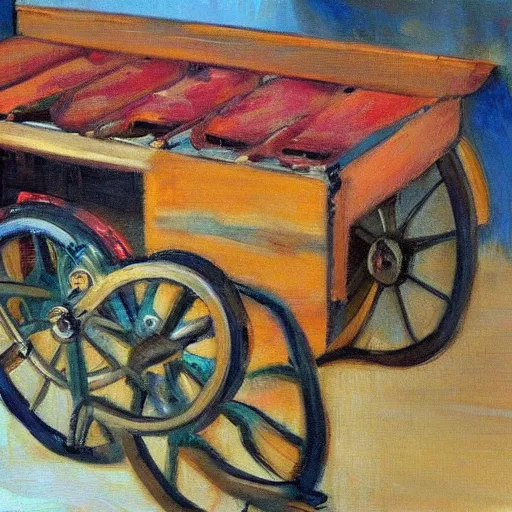 Image similar to an impressionistic painting of a wooden machine that is unrecognizable and hard to understand