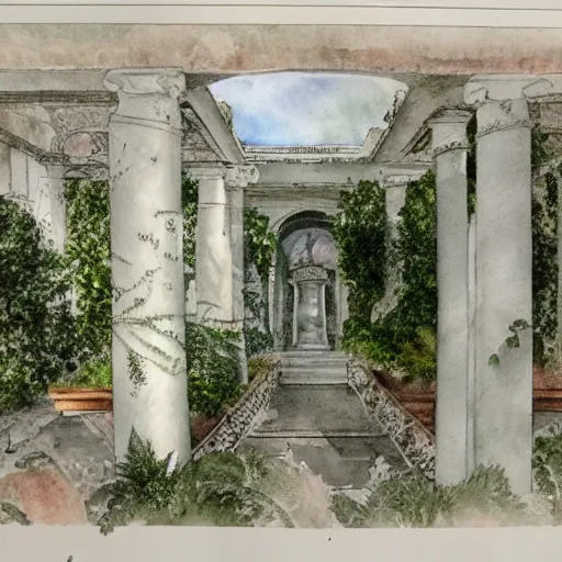 Image similar to delicate marble white garden on paper floating puffy vines botanical 1 9 2 0 herbarium botanic watercolors river ocean coastile rain iridescent 8 k wide angle realistic shaded fine details, artstation italian rainbow colonnade oak pinecone gardena architecture pompeii