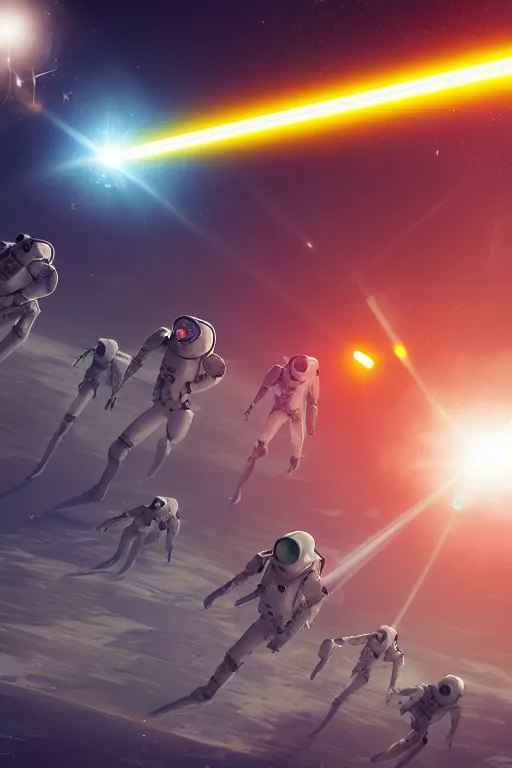 Image similar to wide view of a dozen futuristic spacemen firing lasers, zero gravity, floating, in space, bright, hiding behind obstacles, surrounded by a laser grid, stars visible, unreal engine, lensflares, low perspective, vector, polygons