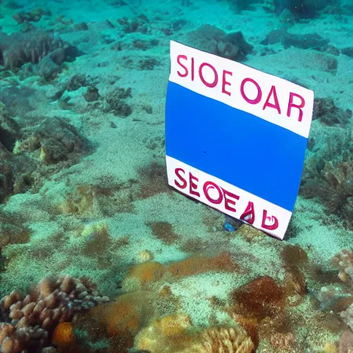 Prompt: underwater photo of Scottish seas with a sign with for sale written on it, 4k