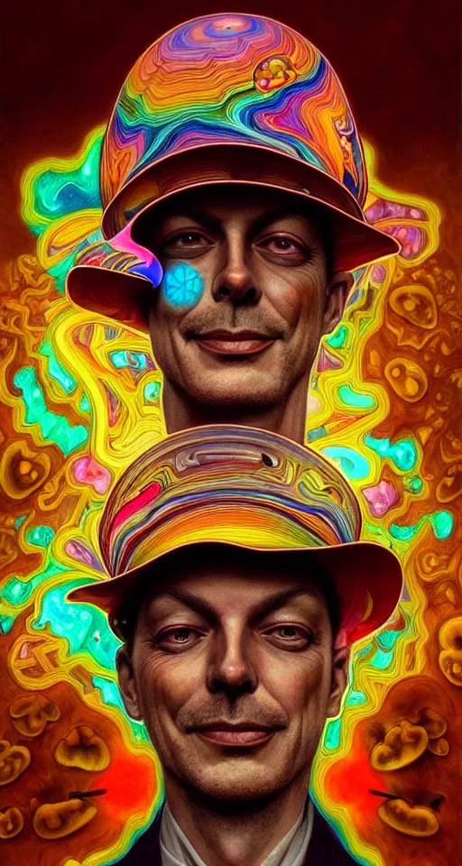 Prompt: An extremely psychedelic celestial smiling Larry Harvey white fedora hat, colorful, surreal, dramatic lighting, magic mushrooms, psilocybin, LSD, detailed, intricate, elegant, highly detailed, digital painting, artstation, concept art, smooth, sharp focus, illustration, art by Krenz Cushart and Artem Demura and alphonse mucha