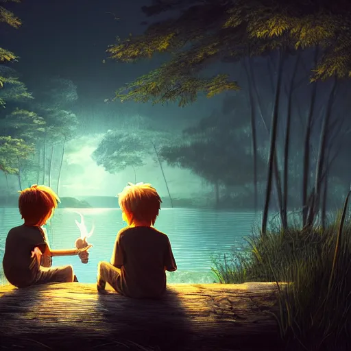 Image similar to a silver dragon and a boy sitting together next to a lake watching firefly at night in forest, concept art, dof, cryengine, digital art, detailed background, makoto shinkai