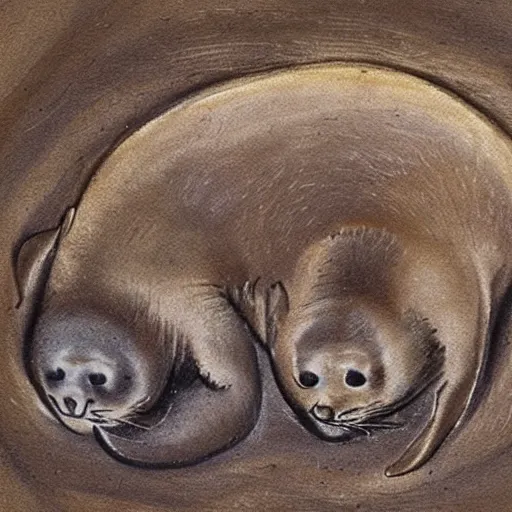 Prompt: three baby seals, Neanderthal cave painting