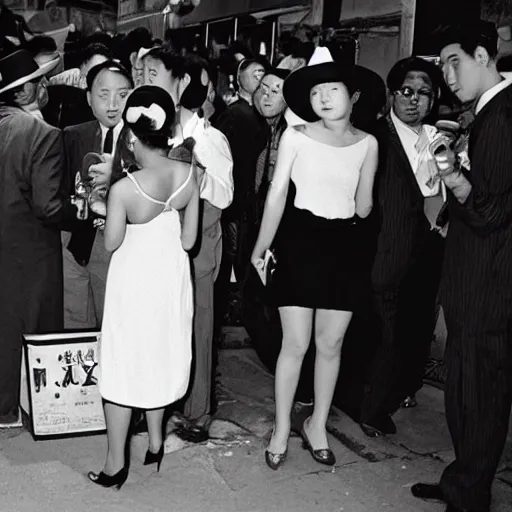 Prompt: film noir jazz bar, crowds of people, she arrived in a white dress by wu daozi