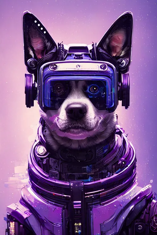 Image similar to a beautiful portrait of a cute cyberpunk dog by sandra chevrier and, greg rutkowski and wlop, purple blue color scheme, high key lighting, volumetric light, digital art, highly detailed, fine detail, intricate, ornate, complex, octane render, unreal engine, photorealistic