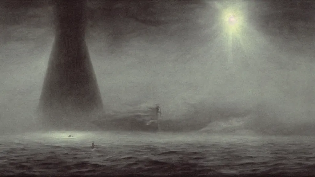 Image similar to environment under the ocean, a huge monster of the deep emerges out of the darkness of the deep ocean waters to attack a small submarine, Beksiński, Achenbach, horror, eerie lighting, god rays