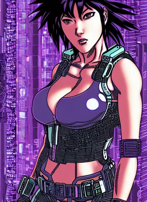 Image similar to motoko kusanagi in grungy cyberpunk megacity, intricate and finely detailed, cyberpunk vaporwave, portrait by j scott campbell