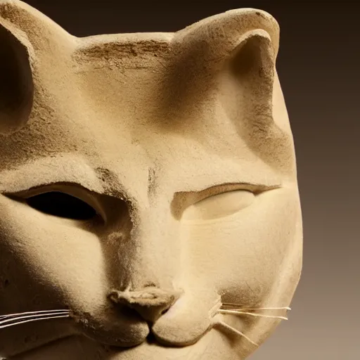 Prompt: close - up museum photo of an ancient limestone statue of a cat, egypt's, studio lighting, professional, promo,