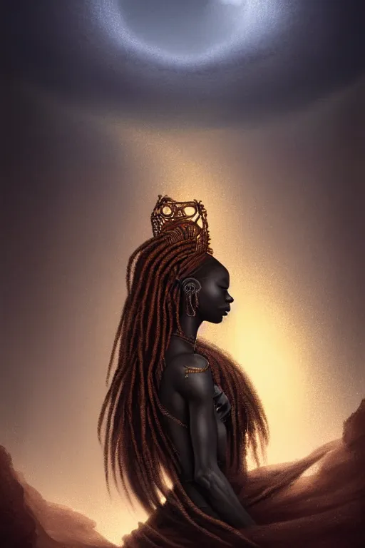 Prompt: A beautiful African Goddess with long flowing ginger hair on a ledge od deep abyss fantasy, intricate, elegant, highly detailed, D&D, digital painting, artstation, concept art, matte painting, sharp focus, illustration, extremely moody lighting, glowing light and shadow, atmospheric, shadowy, cinematic, in the style of Greg Rutkowski and artemisia gentileschi and Alphonse Mucha