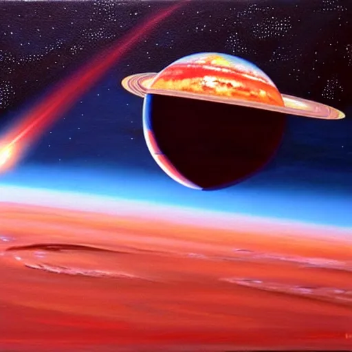 Image similar to a space station orbiting a red planet, acrylic painting by chris moore.