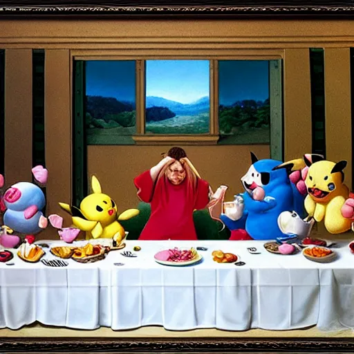 Image similar to pikachu and jigglypuff recreate da vinci's last supper, photorealistic, detailed image, 4 k