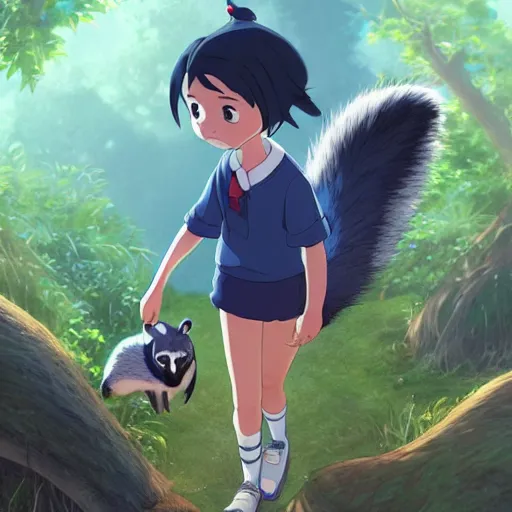 Image similar to a wholesome animation key shot of a dark blue haired girl with a raccoon tail, medium shot, studio ghibli, pixar and disney animation, sharp, rendered in unreal engine 5, anime key art by greg rutkowski, bloom, dramatic lighting