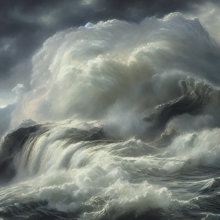 Image similar to a beautiful masterpiece painting of a tsunami in a storm by juan gimenez, award winning, trending on artstation,