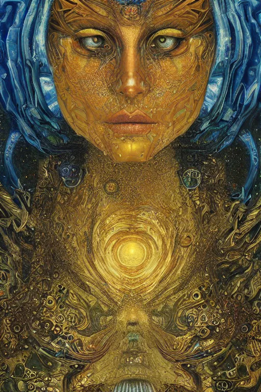 Image similar to Machinery of Fate by Karol Bak, Jean Deville, Gustav Klimt, and Vincent Van Gogh, enigma, otherworldly, fractal structures, prophecy, arcane, ornate gilded medieval icon, third eye, spirals