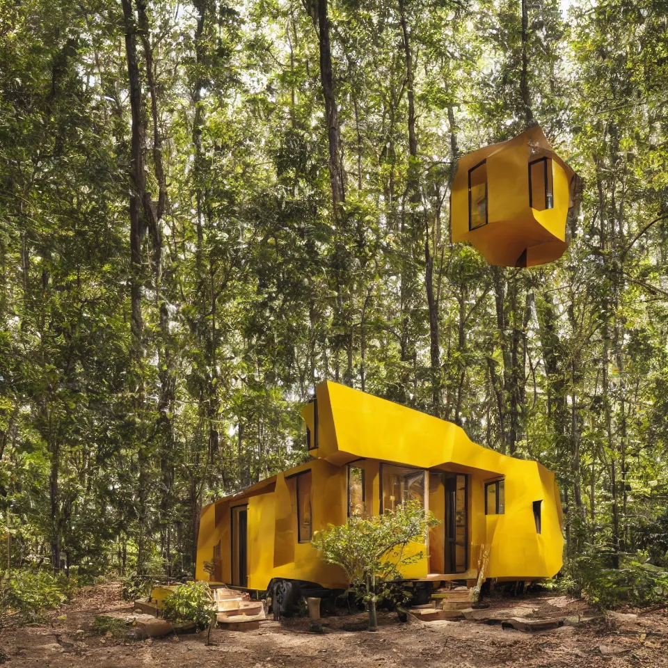 Image similar to a tiny tiny house with big tiles, from far away, in a forest, designed by frank gehry. film grain, cinematic, yellow hue