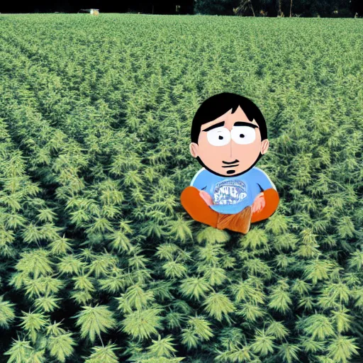 Prompt: randy marsh from south park sitting in the field of weed he grows on tegridy farms, 4 k