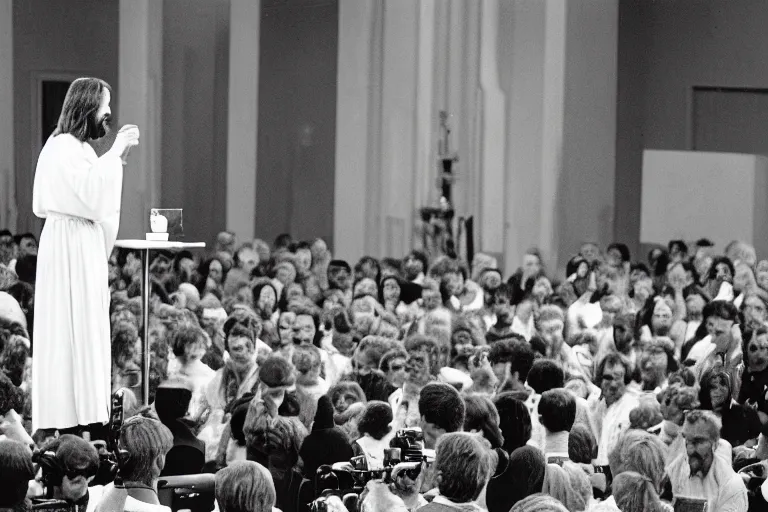 Image similar to jesus christ giving a speech at ted talks, telephoto lens, from far away, nikon f 5 5