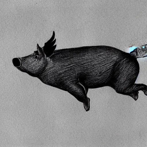 Image similar to black and white ink drawing of a flying pig with wings wearing a gold crown in the sky 8k