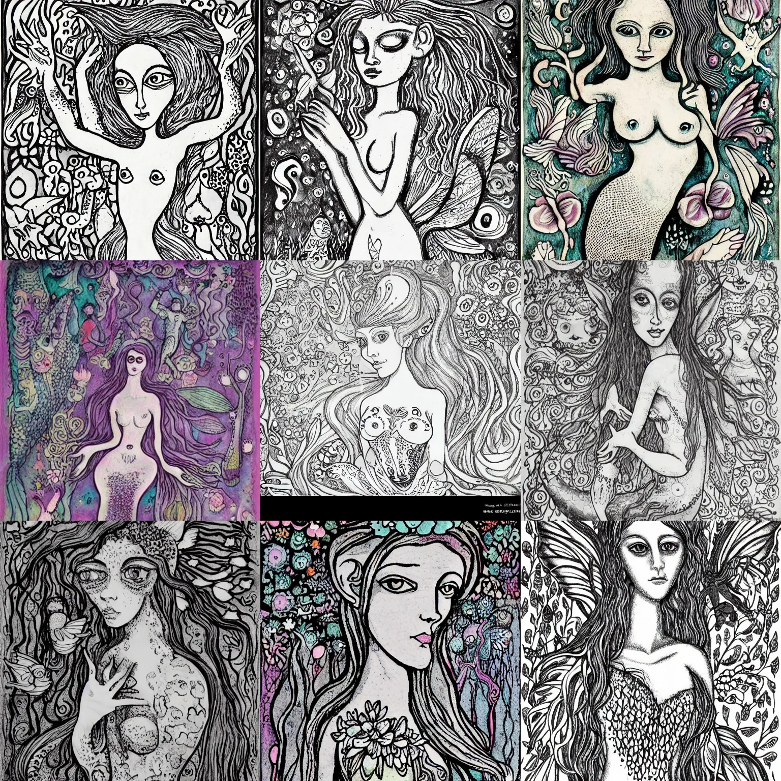 Prompt: magical illustration of ethereal fantasy creature, beautiful fairie, mermaid, female portrait with flowers, whimsical big - eyed character accompanied by animals and birds, light greyscale, jean dubuffet