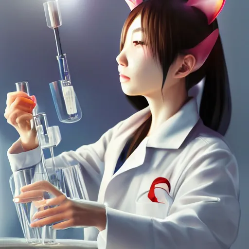 Prompt: art of a neko woman with cat ears wearing a labcoat in a chemistry lab, glassware on table, detailed digital artwork, beautiful face, by yoshitaka amano, by greg rutkowski, by sora kim, trending on artstation, expressive painting, beautiful lighting, octane render, 4 k