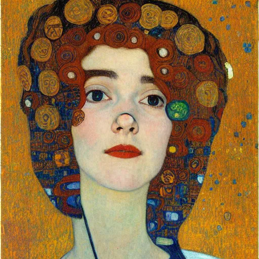 Image similar to representation of a young woman with a happy face in the year 1907 by Gustav Klimt