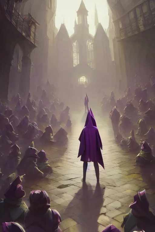 Prompt: Young cute small beautiful woman in form fitting slim purple witch robes and pointy hat at a crowded magical university, full body shot unreal engine hyperreallistic render 8k character masterpiece digital art by Greg Rutkowski, Simon Stalenhag, trending on Artstation, CGSociety