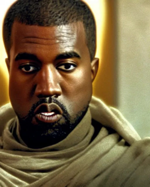 Image similar to film still close - up shot of kanye west as obi - wan kenobi from the movie return of the jedi. photographic, photography